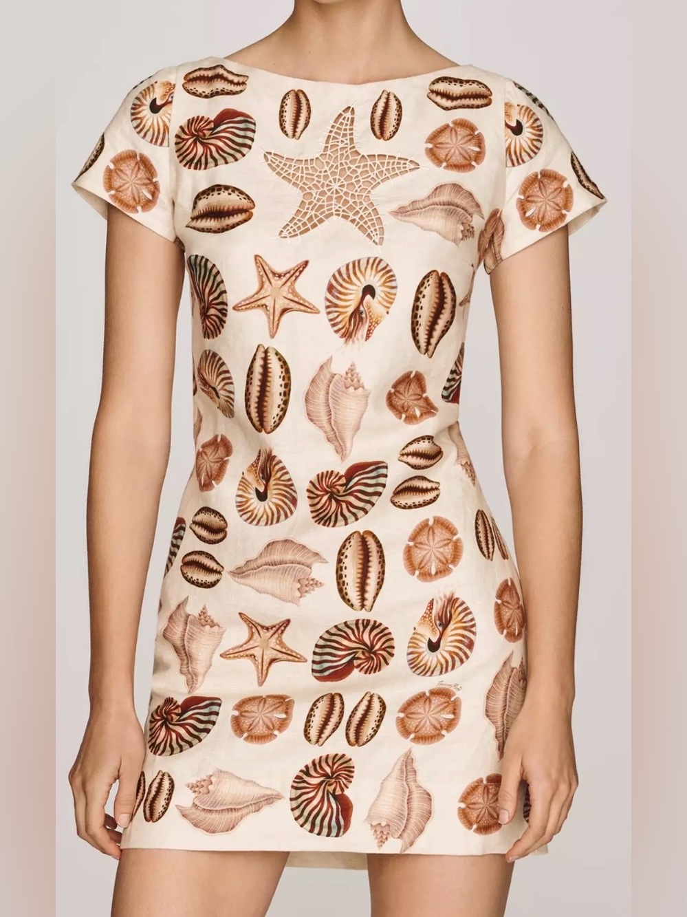 FARM Rio Sand Marine Shells Shirt Sleeve Linen Mini Dress Women’s Size M Coastal